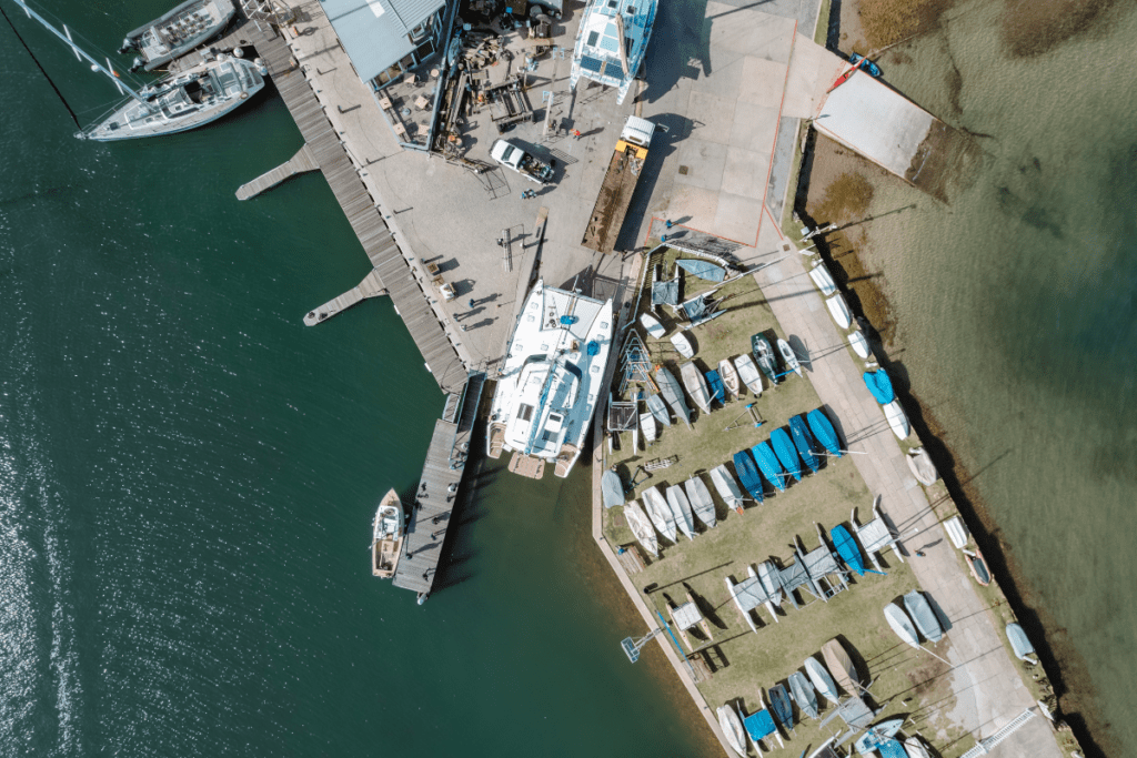 Aerial view of the Knysna Yacht Company shipyard and marina