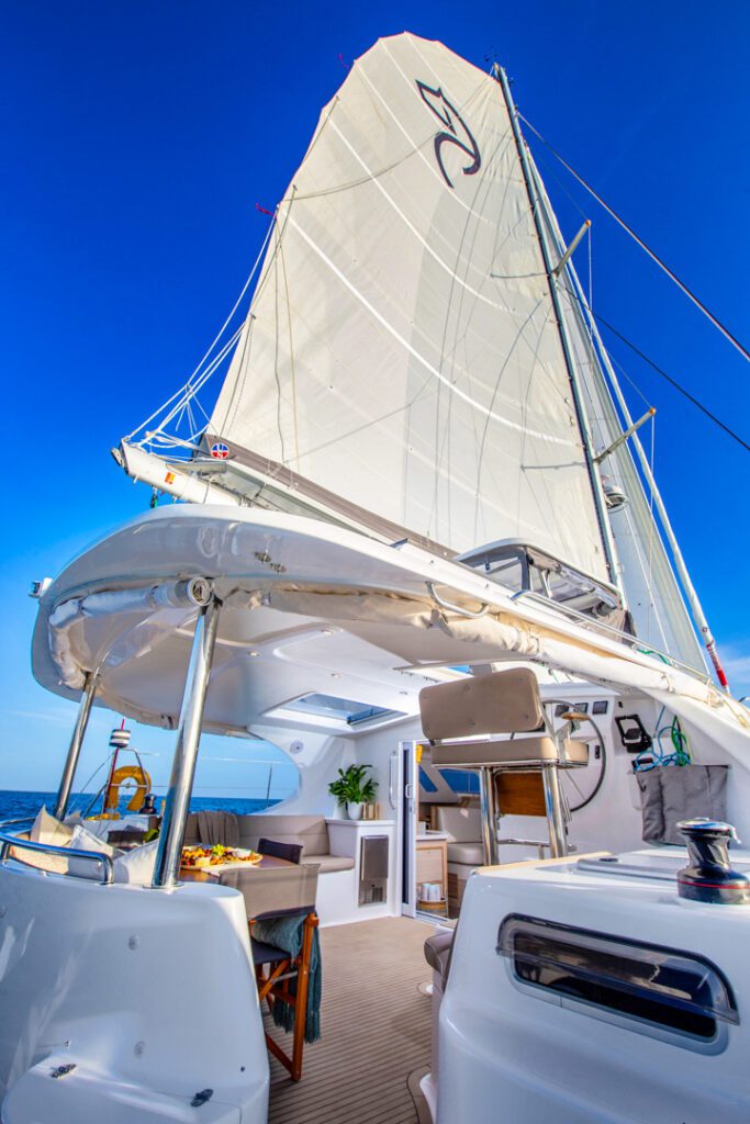 Knysna 500SE flybridge and genoa under a blue sky
