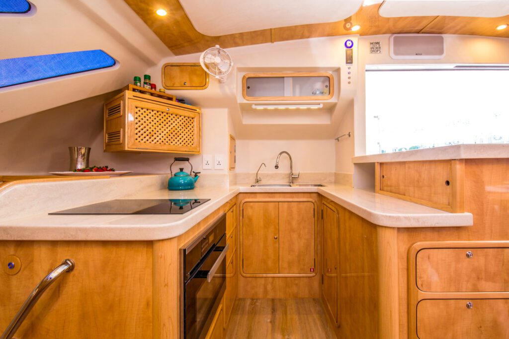 Knysna 500SE galley with cooktop and sink