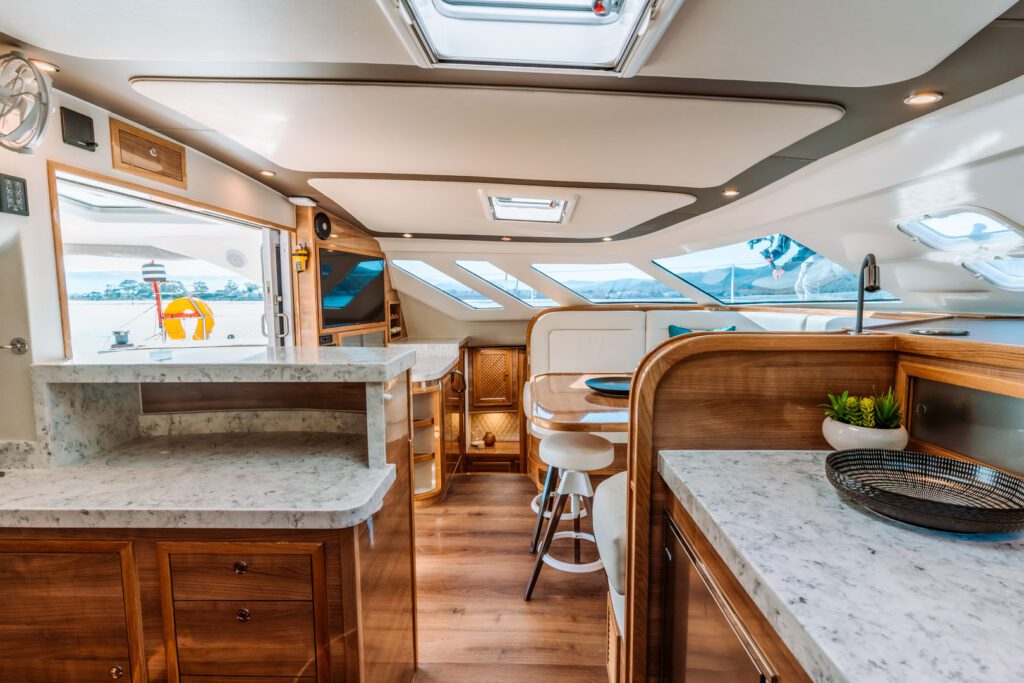Knysna 500SE galley and saloon with stone counters