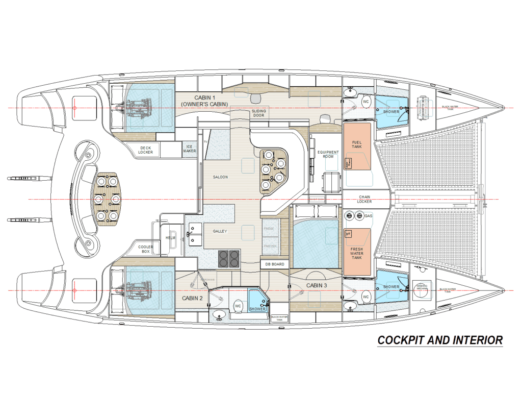 Knysna 500SE three-cabin layout plan