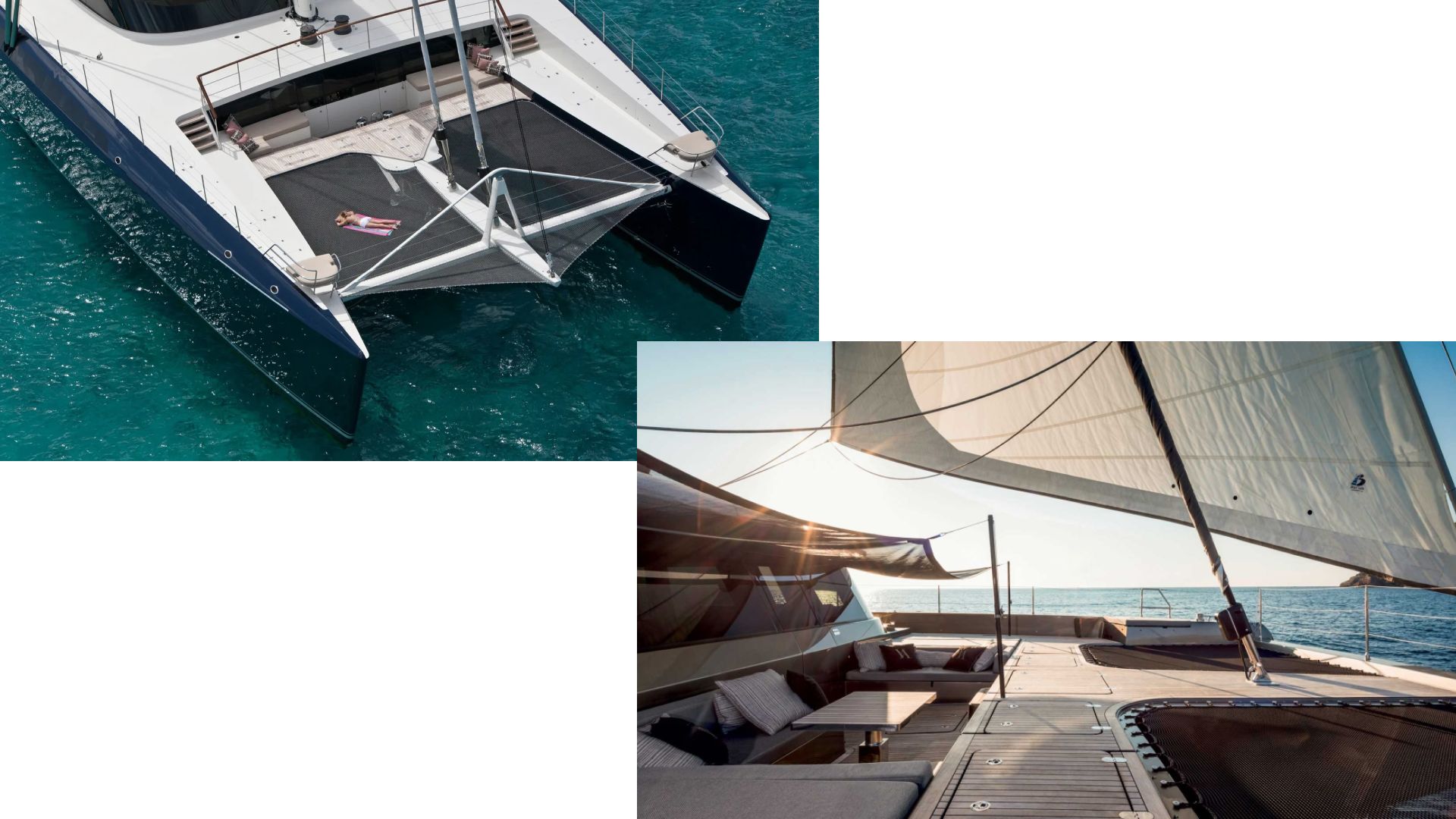 Top left: 145-foot Pendennis Custom Hemisphere (2011), courtesy BOAT International. Bottom right: Sunreef 70 Eco n+1 (2024), courtesy Ocean Sailing House.