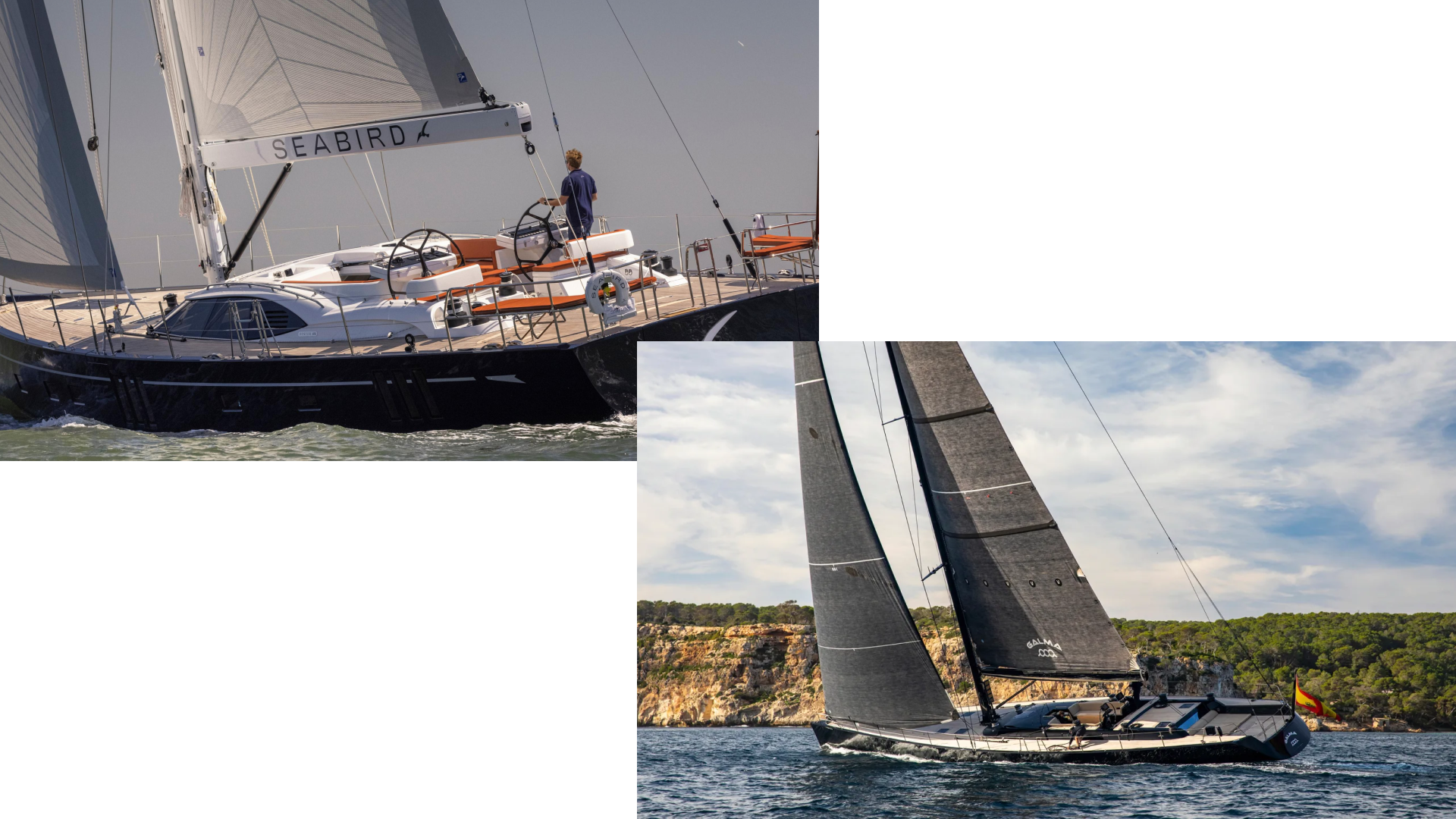 Top left: Oyster 675 Seabird (2021), courtesy Oyster Yachts. Bottom right: 93-foot Wally 94 Galma (2003), courtesy BOAT International.