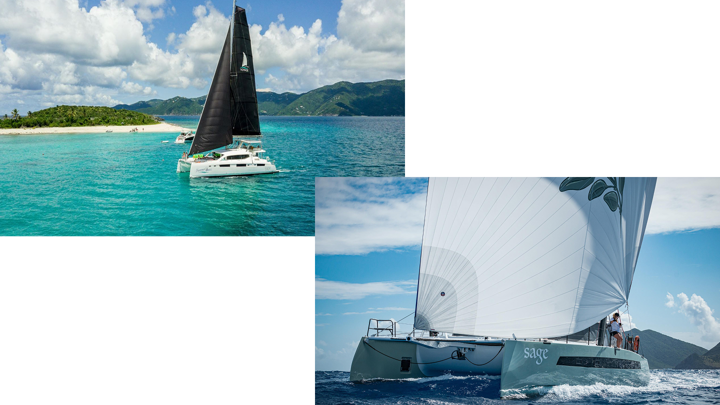 Top left: Voyage 590e Summer Breez (2022), courtesy Voyage Yacht Sales. Bottom right: Balance 442 Sage (2022), courtesy Rapide Yacht Group.
