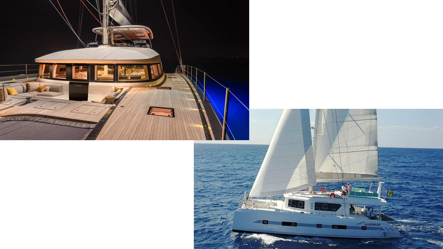 Top left: Lagoon Seventy 7, courtesy Lagoon Catamarans. Bottom right: Squalt Marine CK70 (2023), courtesy Royal Yacht Brokers.