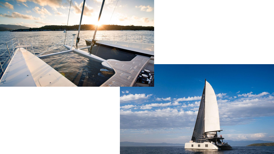 Top left: 145-foot custom Pendennis Hemisphere (2011), courtesy Burgess. Bottom right: Sunreef 70 Eco n+1 (2024), courtesy Ocean Sailing House.