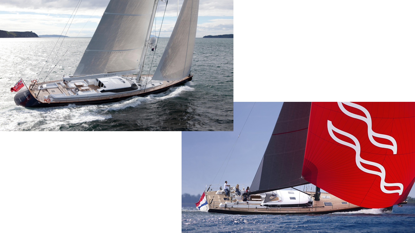 Top left: 144-foot Alloy Yachts AY40 Imagine (2010), courtesy Camper & Nicholsons. Bottom right: Contest 67SC, courtesy Contest Yachts.