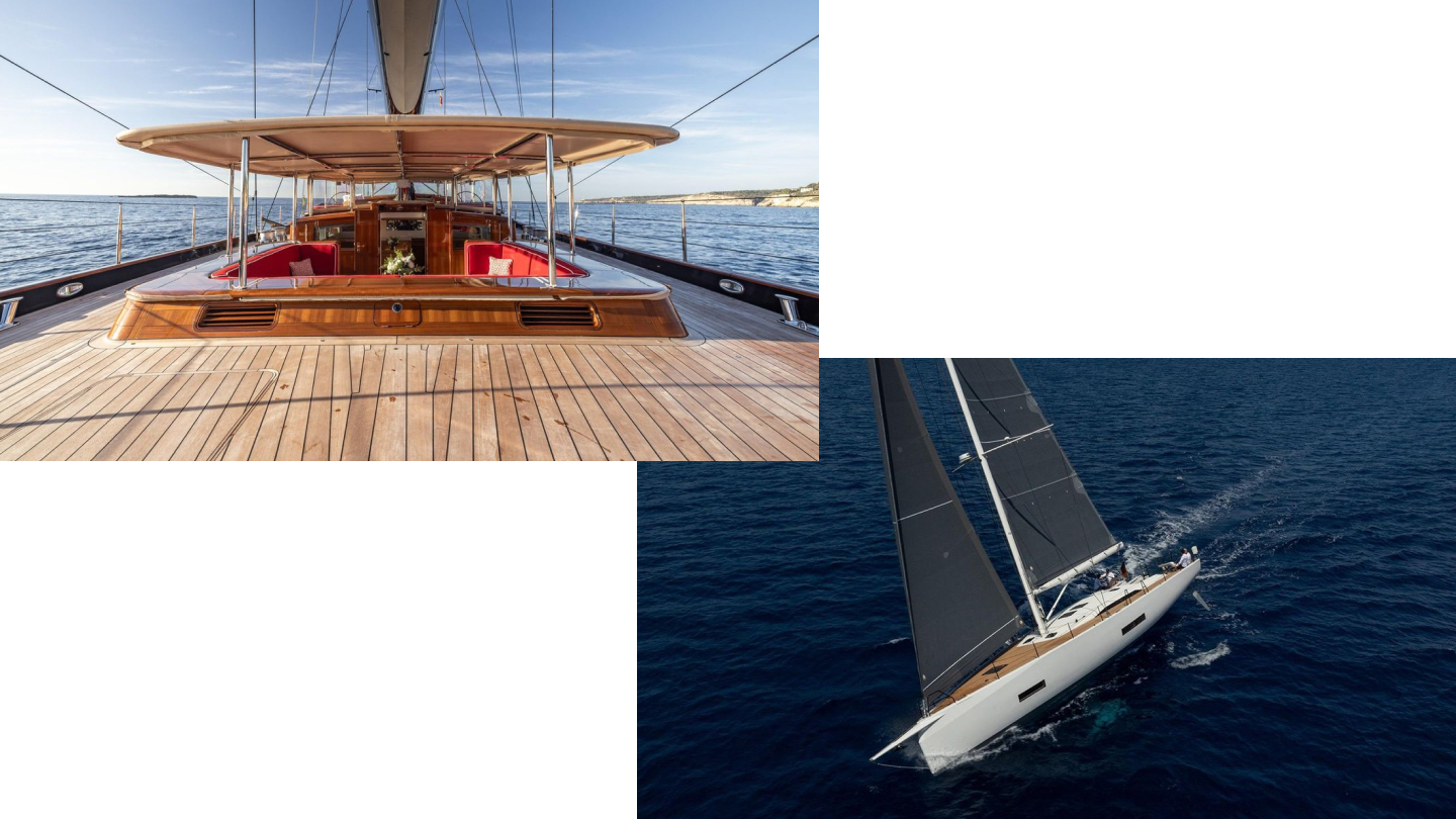 Top left: 193-foot Vitters Cruising Ketch Maximus (2023), courtesy Edmiston. Bottom right: Knierim Surge 62 Auliana III (2024), courtesy Fraser Yachts.