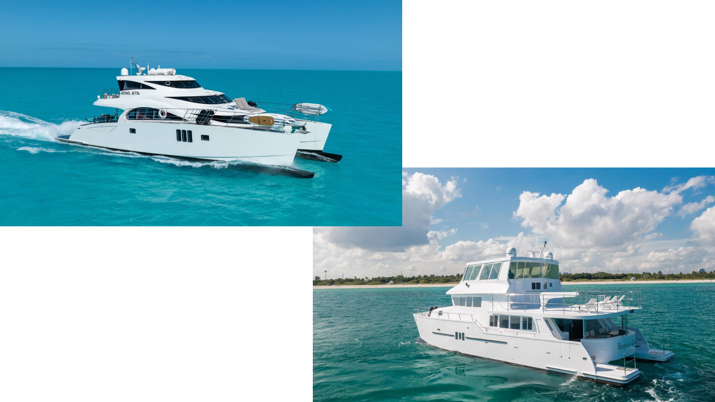 Top left: Sunreef 70 Power Royal Rita (2016), courtesy Worth Avenue Yachts. Bottom right: Custom Pacific Expedition 65 Barbara Gail (2013), courtesy 26 North Yachts.