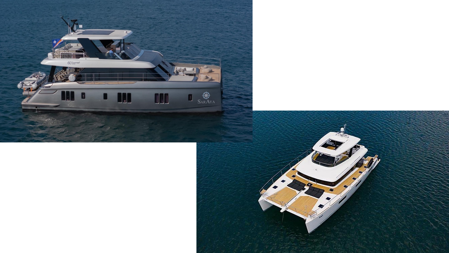 Top left: Sunreef 60 Power SarAya (2023), courtesy Channel.R Yacht Sales. Bottom right: Lagoon 630 Power Aegir (2018), courtesy Ocean Independence.
