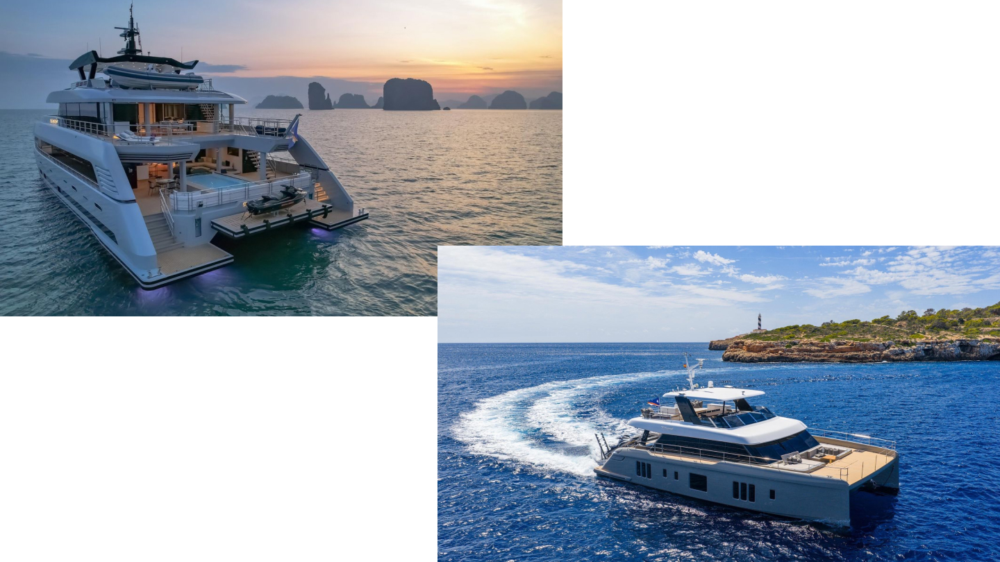 Top left: 117-foot Silver Yachts Silvercat 36 Spacecat (2022), courtesy Burgess. Bottom right: Sunreef 70 Power Vahewa (2024), courtesy Denison Yachting.