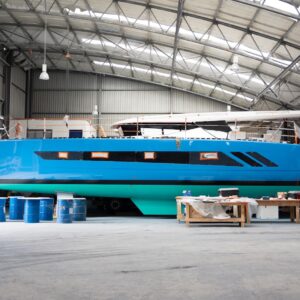 Knysna 550 catamaran BLUE JACKET at shipyard
