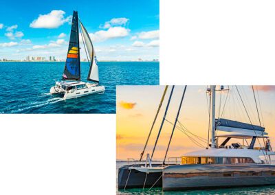 Top left: 58-foot custom Harvey Yachts Crux (2017), courtesy The Multihull Company. Bottom right: Lagoon Seventy 7 Sicilian Breeze (2021), courtesy Atlantic Yacht and Ship Inc.