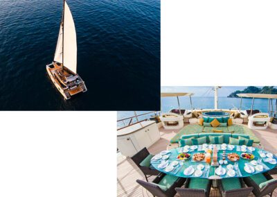Top left: Sunreef 70 Eco n+1 (2024), courtesy Ocean Sailing House. Bottom right: 145-foot custom Pendennis Hemisphere (2011), courtesy Burgess London.