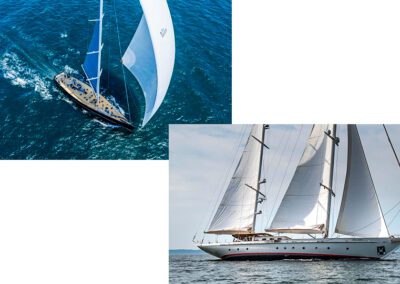 Top left: 40-foot Wally Full Displacement Sailing Yacht Green Eyes (2002), courtesy Edmiston London. Bottom right: 136-foot custom Ridas Melody (2022), courtesy Large Yacht Co.