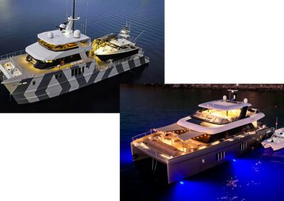 Top left: 128-foot custom Profab Central Engineering The Beast (2019), courtesy Ikonic Yachts. Bottom right: Sunreef 80 Power Ellen’s Dream (2020), courtesy Paramount Yachts.