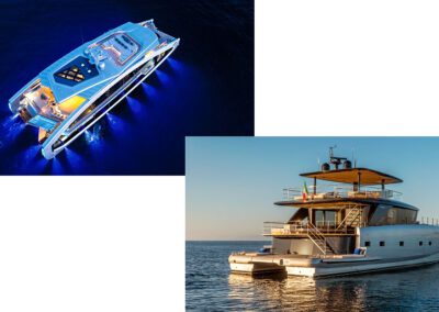 Top left: 143-foot Tecnomar Catamaran 44 This Is It (2024), courtesy BOAT International. Bottom right: Bluegame BGM75, courtesy Bluegame.