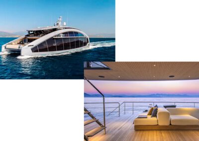 Top left: 143-foot Tecnomar Catamaran 44 This Is It (2024), courtesy BOAT International. Bottom right: Bluegame BGM75, courtesy Bluegame.
