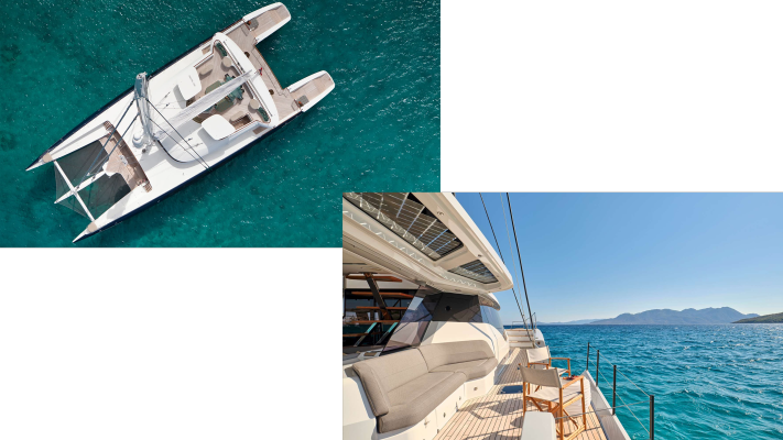 145-foot custom Pendennis Hemisphere (2011) and Fountaine Pajot Thíra 80 Aloia (2023)